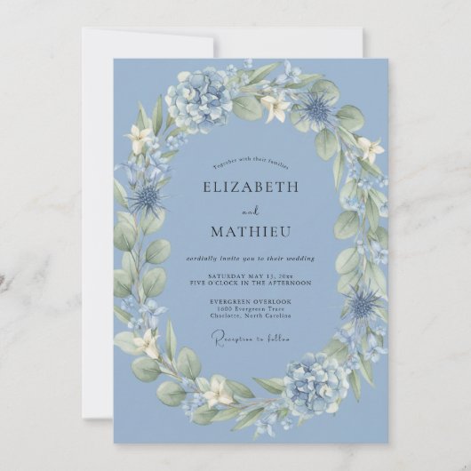 Invitation Mariage Hydrangea Eucalyptus Pervenche Acier (Devant)