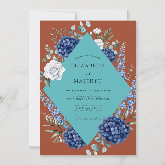 Invitation Mariage Hydrangea Eucalyptus Sarcelle Rouille (Devant)
