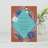 Invitation Mariage Hydrangea Eucalyptus Sarcelle Rouille (Debout devant)