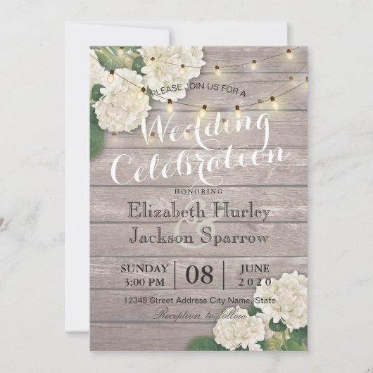 Invitation Mariage Hydrangea Fleur String Lumières Bois rusti (Devant)