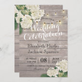 Invitation Mariage Hydrangea Fleur String Lumières Bois rusti (Devant / Derrière)