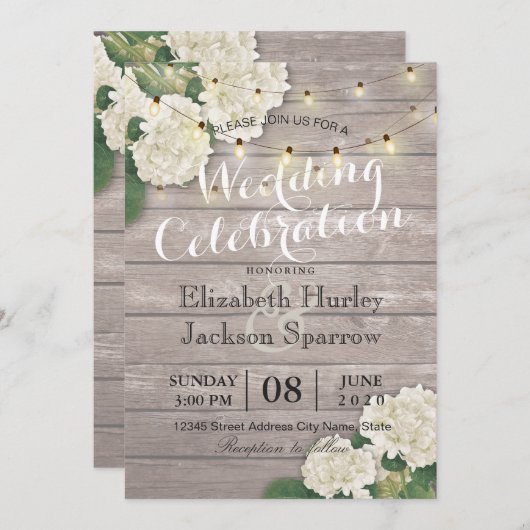 Invitation Mariage Hydrangea Fleur String Lumières Bois rusti (Devant / Derrière)