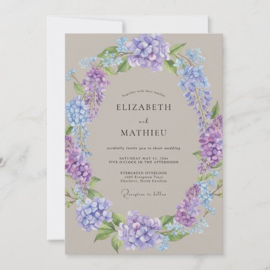 Invitation Mariage Hydrangea Lilas Pervenche Eucalyptus (Devant)