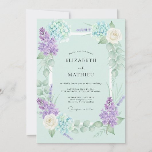 Invitation Mariage Hydrangea Mauve Pervenche Eucalyptus (Devant)