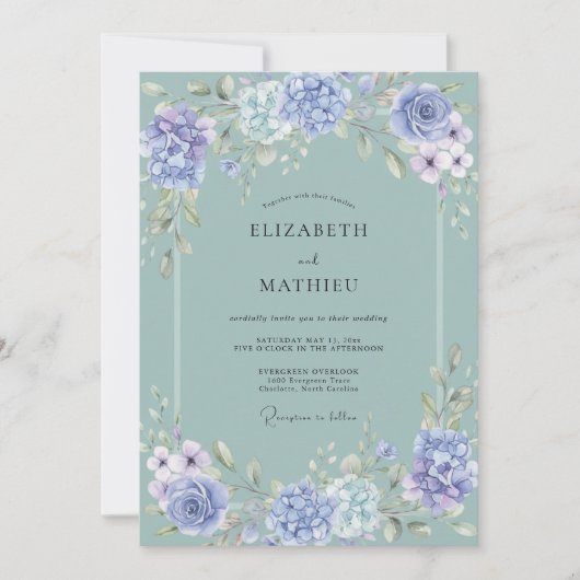 Invitation Mariage Hydrangea Orné Vert Sauge (Devant)