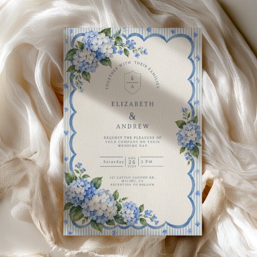 Invitation Mariage Hydrangea Rayée à Bordure Ondulée