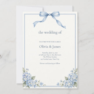 Invitation Mariage Hydrangea Ruban Bleu Poussiéreux