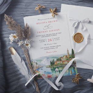 Invitation Mariage illustré avec QR code moderne Lac de Côme