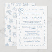 Invitation Mariage Illustré Bleu Dessiné à la Main de Manière (Devant / Derrière)