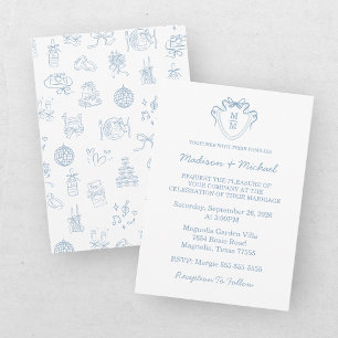 Invitation Mariage Illustré Bleu Dessiné à la Main de Manière