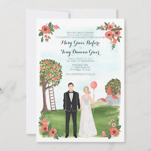 Invitation Mariage illustré par coutume de ferme de portrait (Devant)