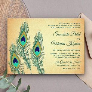 Invitation Mariage indien aux plumes de paon vert vintage