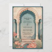 Invitation Mariage indien avec code QR et arche florale Lotus (Devant)