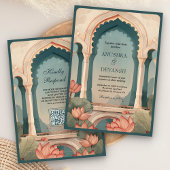 Invitation Mariage indien avec code QR et arche florale Lotus