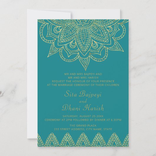 Invitation Mariage indien Bright Blue Green Gold Mehndi Hindu (Devant)