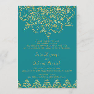 Invitation Mariage indien Bright Blue Green Gold Mehndi Hindu