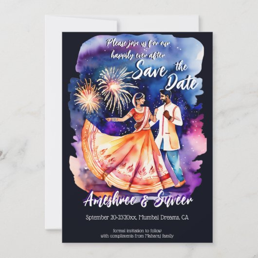 Invitation Mariage indien couple de danse feux d'artifice enr (Devant)