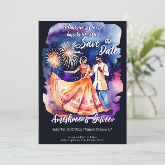 Invitation Mariage indien couple de danse feux d'artifice enr (Debout devant)