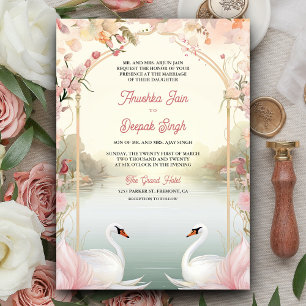 Invitation Mariage Indien Cygnes Floral Rose Tendre Romantiqu