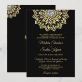 Invitation Mariage indien de mandala de noir élégant d'or (Devant / Derrière)