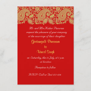 Invitation Mariage indien de Paisley rouge et or