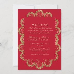 Invitation Mariage indien de style monogramme rouge et or