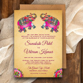 Invitation Mariage indien des éléphants roses ethniques dynam