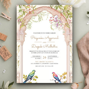Invitation Mariage Indien Élégant aux Perroquets Floraux sous