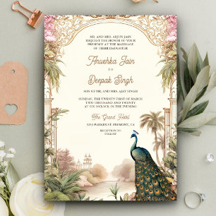 Invitation Mariage indien élégant vintage paon jardin