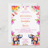 Invitation Mariage indien éléphants cerise fleurs modèle (Devant)