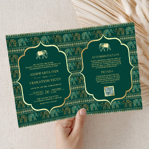 Invitation Mariage indien Emerald Green Gold Elephant