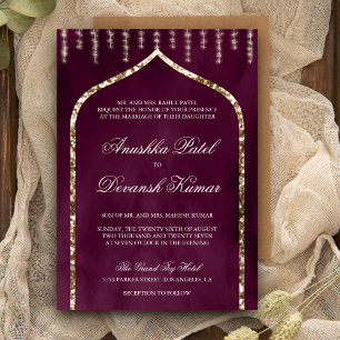 Invitation Mariage Indien Ethnique Arch Or Violet Prune