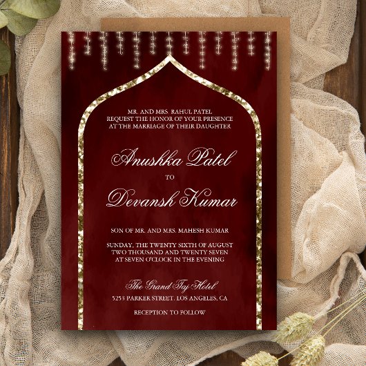 Invitation Mariage indien ethnique rouge or de Bourgogne avec