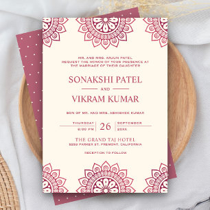 Invitation Mariage indien ethno-beige et rose mandala