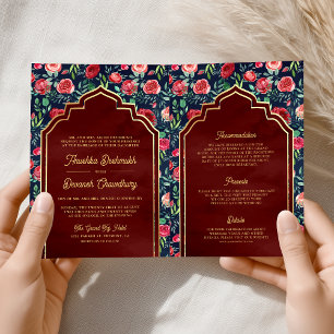 Invitation Mariage Indien Fleurs Roses Rouges Bleu Marine Or