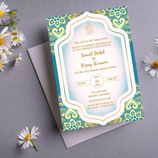 Invitation Mariage indien Ganesha Logo Éléments dorés