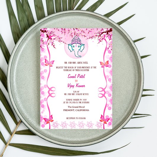 Invitation Mariage indien Ganesha Pink Butfly