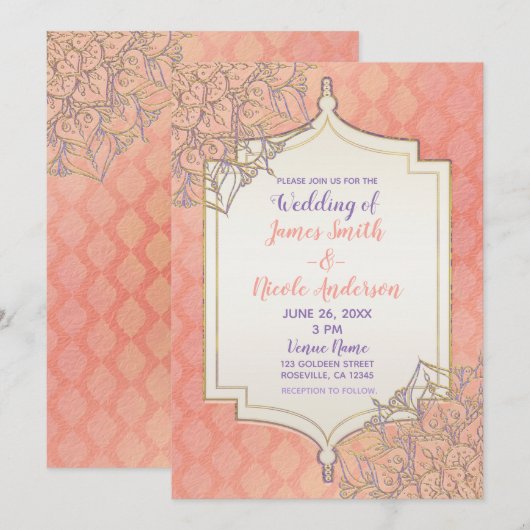 Invitation Mariage indien glamour marocain or lavande corail (Devant / Derrière)