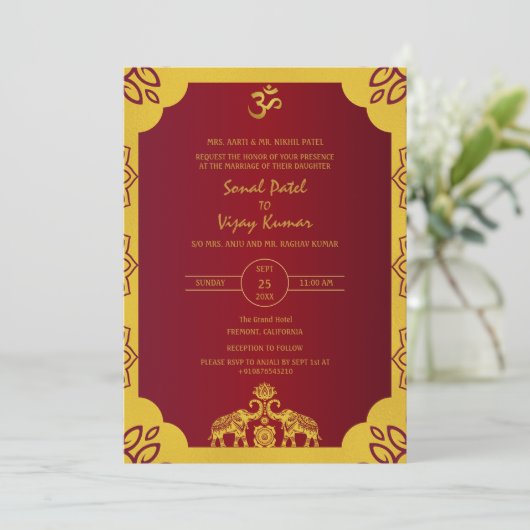 Invitation Mariage indien Golden Elements Om (Debout devant)