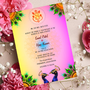 Invitation Mariage indien hindou Ganesha Pink Peacock Pair