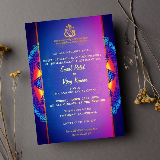 Invitation Mariage indien hindou violet rose Chakra Ganesha