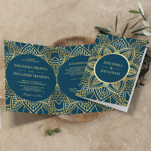 Invitation Mariage indien Mandala d'ethnie bleue et or