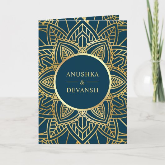 Invitation Mariage indien Mandala d'ethnie bleue et or (Devant)