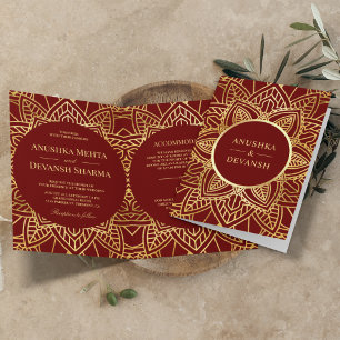 Invitation Mariage indien Mandala d'ethnie rouge et or