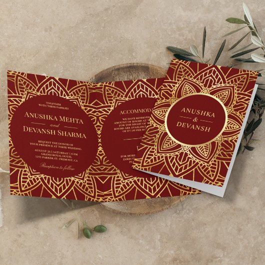 Invitation Mariage indien Mandala d'ethnie rouge et or
