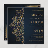 Invitation Mariage indien Mandala élégant en or bleu foncé (Devant / Derrière)