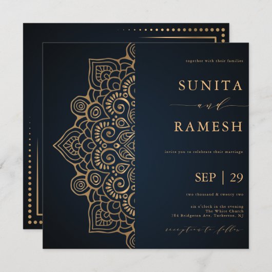 Invitation Mariage indien Mandala élégant en or bleu foncé (Devant / Derrière)