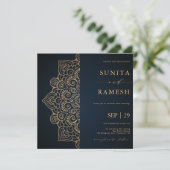 Invitation Mariage indien Mandala élégant en or bleu foncé (Debout devant)