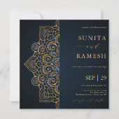Invitation Mariage indien Mandala élégant en or bleu foncé (Devant)