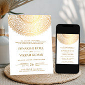Invitation Mariage indien Mandala en or blanc traditionnel